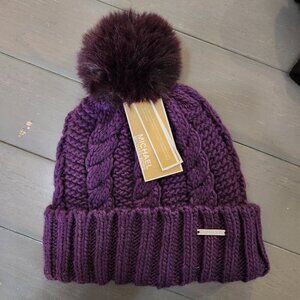 Michael Kors Women Cable Knit Cuffed Pom Pom Winter Beanie purple hat gold logo
